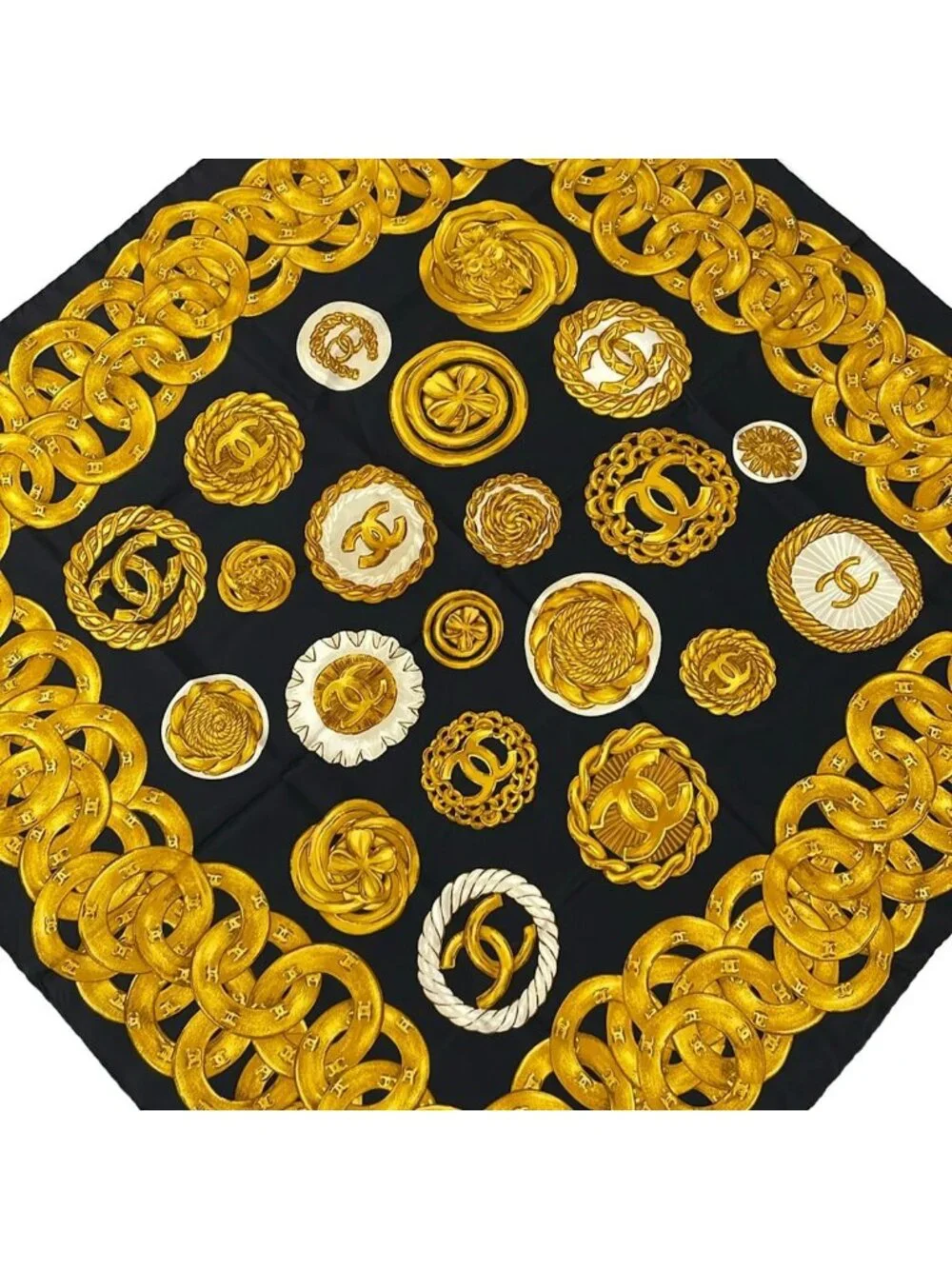 Chanel Scarf Black Dark Yellow Multi CC Logo